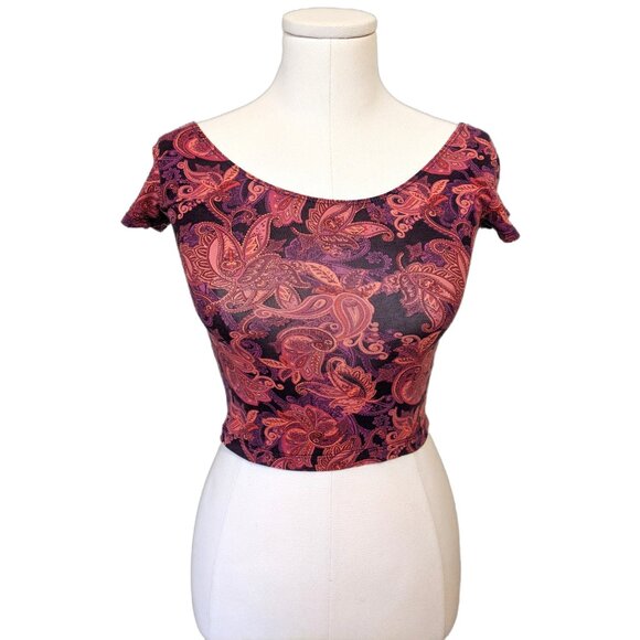 Womens Paisley Pink Crop Top Bodycon Boho Casual School T Shirt Ribbed Sz S - Picture 2 of 8